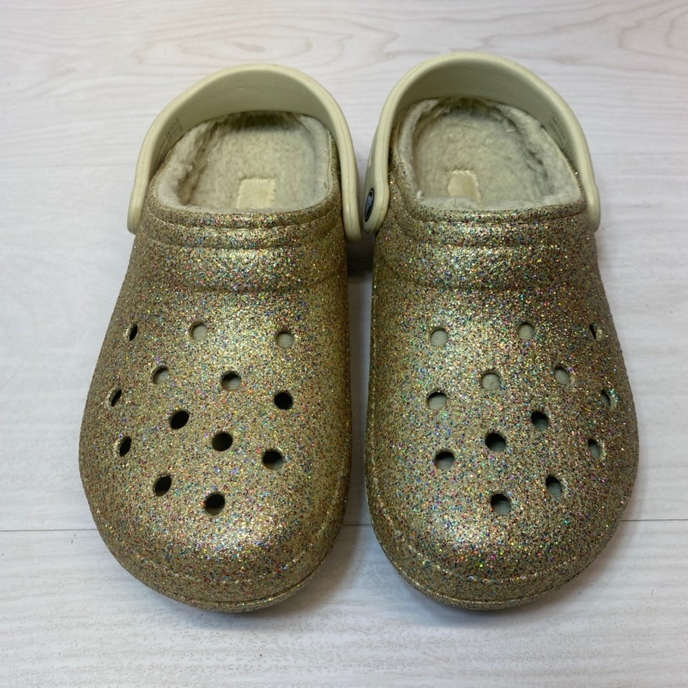 Crocs Womens 8 Mens 6 Classic Lined Clog Gold Glitter‎ Faux Fur Sparkly Slippers